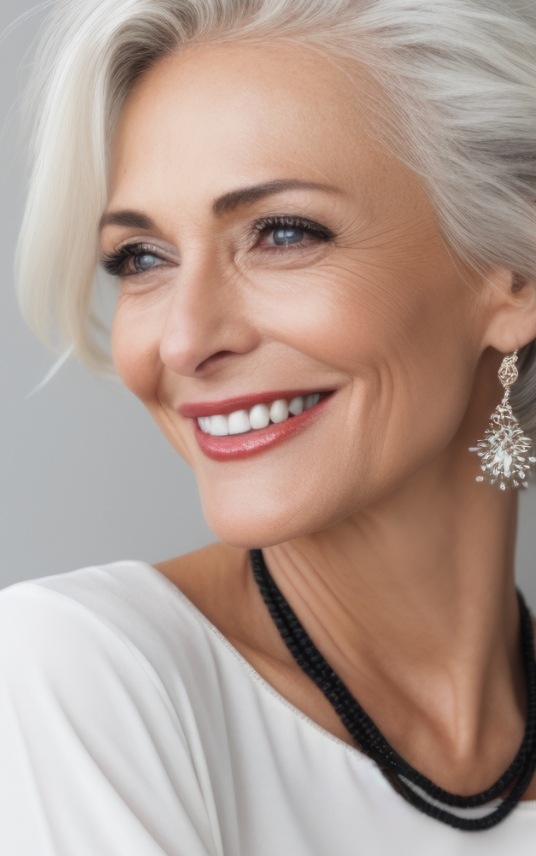 Grey haired woman with smooth skin, gazing off to the side with a smile