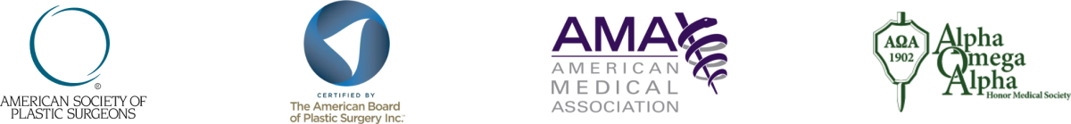 Logos for American Society of Plastic Surgeons, The American Board of Plastic Surgery Inc, American Medical Association and Alpha Omega Alpha Honor Medical Society