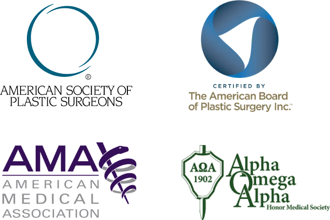 Logos for American Society of Plastic Surgeons, The American Board of Plastic Surgery Inc, American Medical Association and Alpha Omega Alpha Honor Medical Society