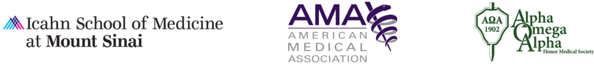 Logos for Icahn School of Medicine at Mount Sinai, American Medical Association and Alpha Omega Alpha Honor Medical Society