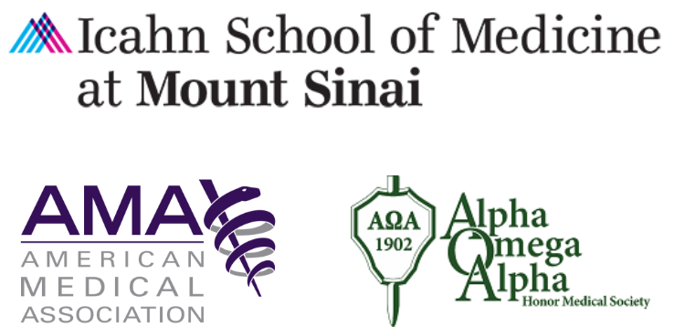 Logos for Icahn School of Medicine at Mount Sinai, American Medical Association and Alpha Omega Alpha Honor Medical Society