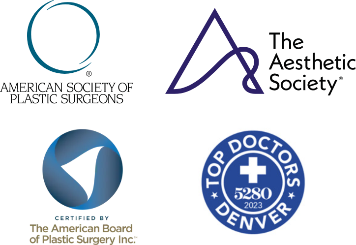 Logos for American Society of Plastic Surgeons, The Aesthetic Society, The American Board of Plastic Surgery Inc. and Top Doctors Denver