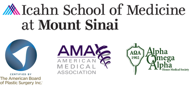 Logos for Icahn School of Medicine at Mount Sinai, The American Board of Plastic Surgery Inc, American Medical Association and Alpha Omega Alpha Honor Medical Society.